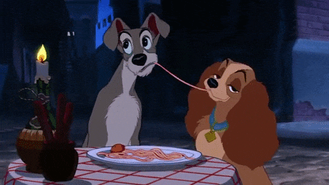 La Belle et le Clochard mangeant des spaghettis