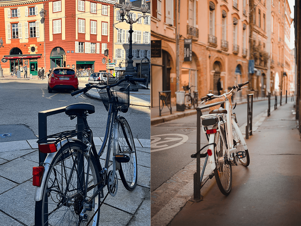 Un vélo Place Denis Dussoubs à Limoges et un vélo dans une rue de Toulouse